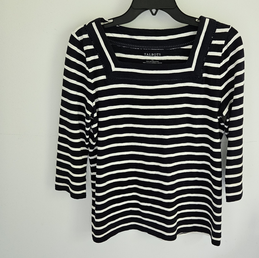 Talbots Navy and White Striped Blouse